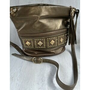 Vtg Leather Pinky 80s Glam Bronze Gold Shoulder Crossbody Retro Bucket Bag 9520
